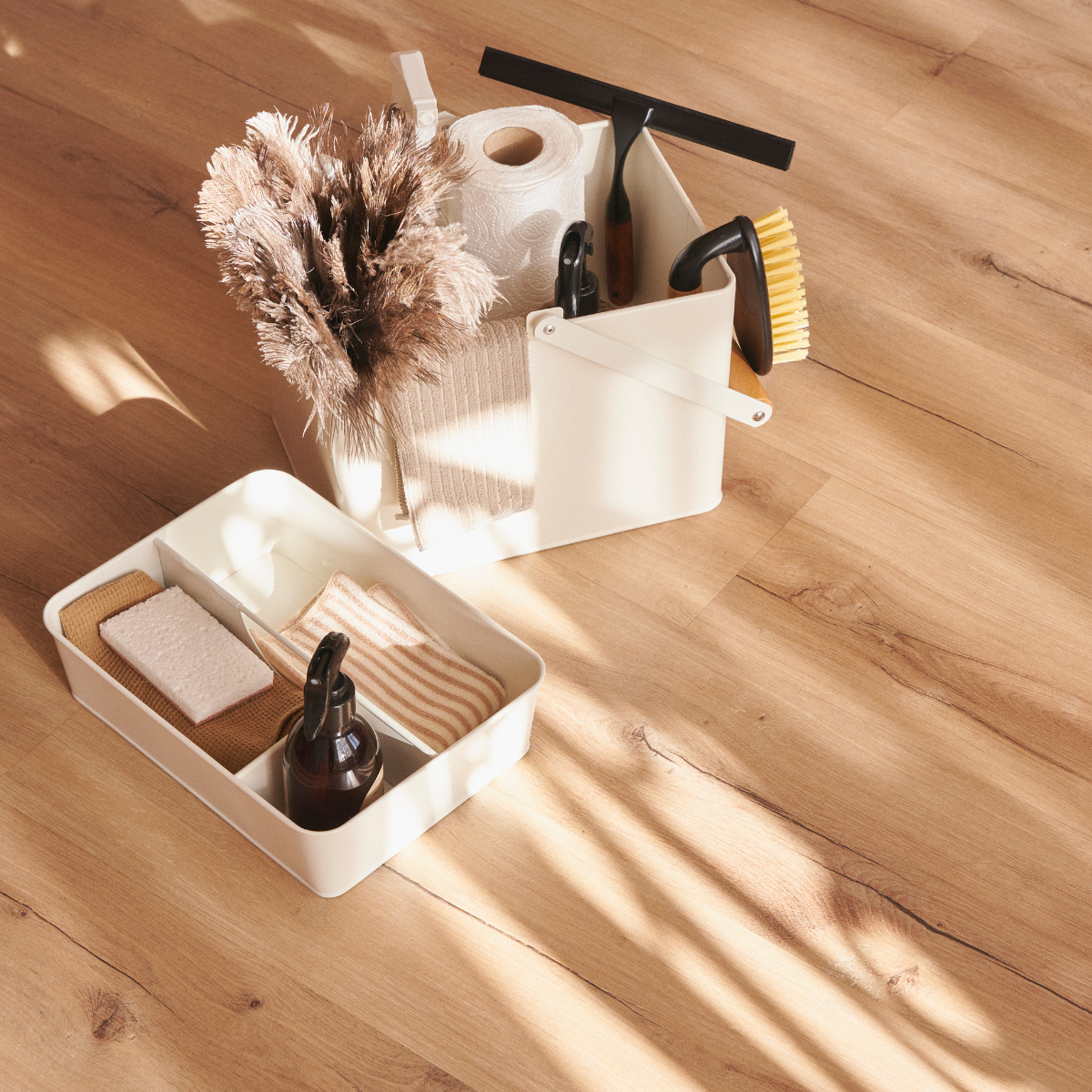 Cleaning products on hardwood floor 